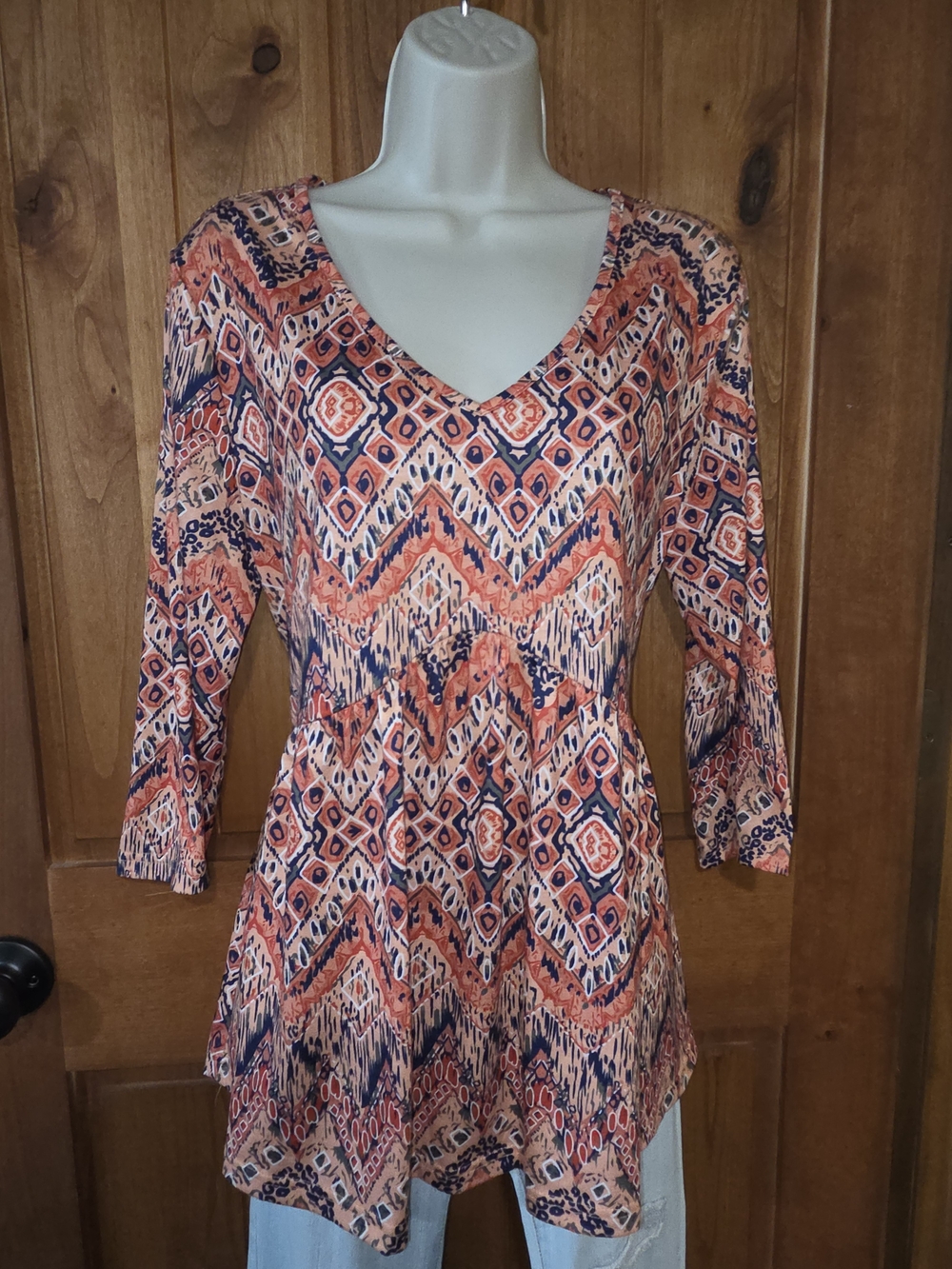 Women's V-Neck Printed Tunic in Coral and‎ Navy